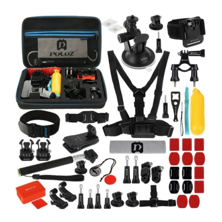 Set 50 de Accesorii Puluz Compatibile Gopro , Geanta, Monturi, Selfie Stick