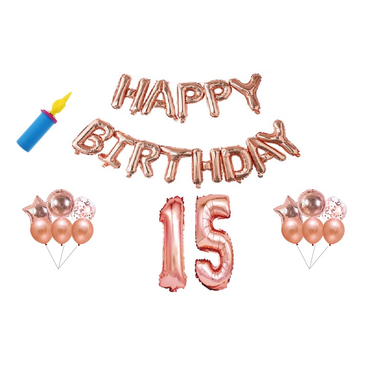 Születésnapi lufi szett, 15 éves, Boldog születésnapot, Rosegold, tortalap, 30db