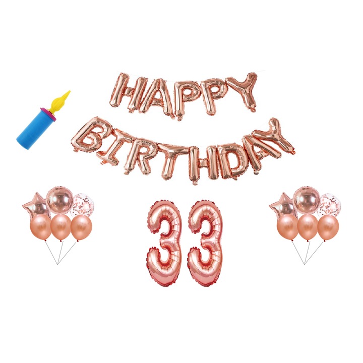 Комплект балони за рожден ден, 33 години, Честит рожден ден, Rosegold, топер за торта, 30 бр.
