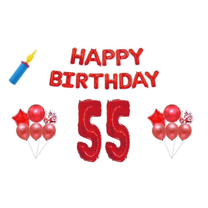 Születésnapi lufi szett, 55 éves, Boldog születésnapot, Piros, tortalap, 30db
