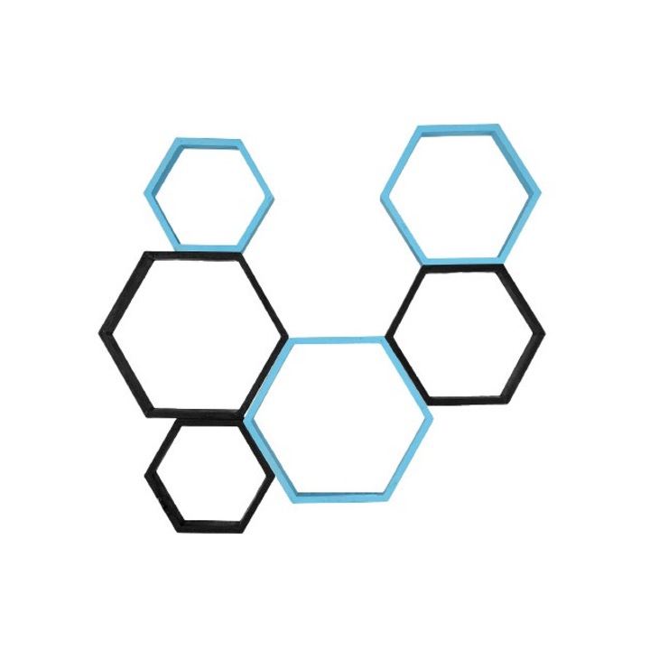 Комплект рафтове Circus, Дървени, Стенни, Шестоъгълна форма, Със скрит захват, Светлосин/Черен, 6 броя, 37.5 x 32.5 x 9.5 см, 32.5 x 28 x 9.5 см, 27.5 x 24 x 9.5 см