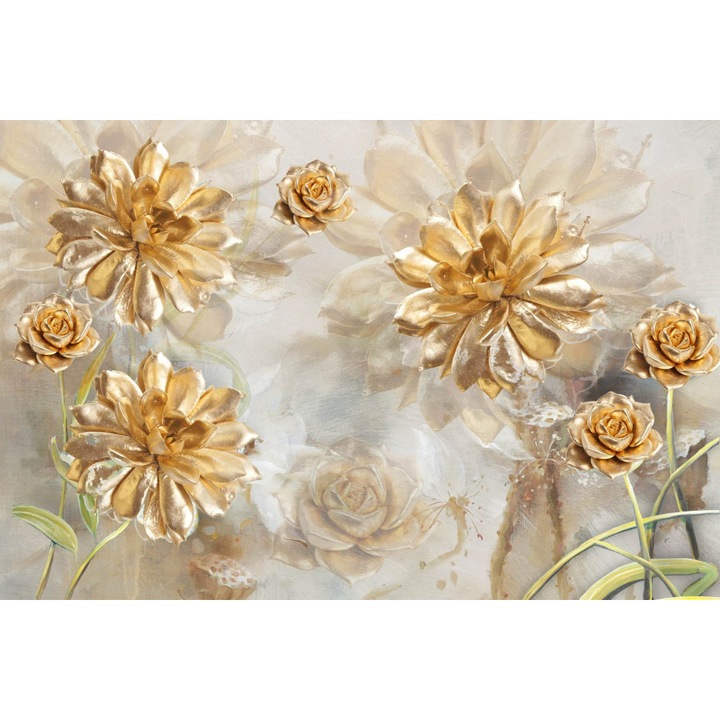 Fototapet, Flori aurii pe un fundal abstract bej, 350 cm x 250 cm