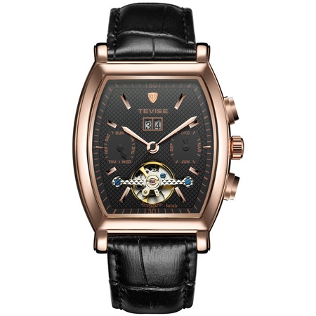 Ceas barbatesc mecanic Tevise 8383B gold automatic analog afisaj data curea piele naturala negru eMAG.ro