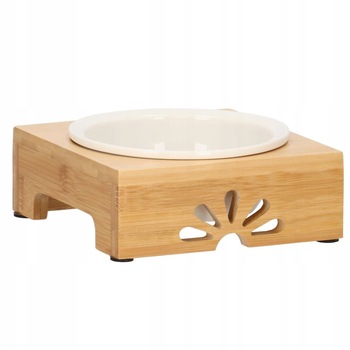Castron, bol, pentru caine, pisica, cu suport, bambus, ceramica, alb, 14 cm Castron, bol, pentru caine, pisica, cu suport, bambus, ceramica, alb, 14 cm