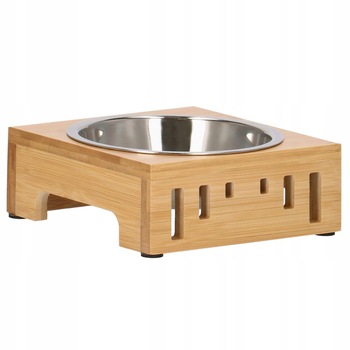 Castron, bol, pentru caine, pisica, cu suport, bambus, metal, inox, 14 cm Castron, bol, pentru caine, pisica, cu suport, bambus, metal, inox, 14 cm