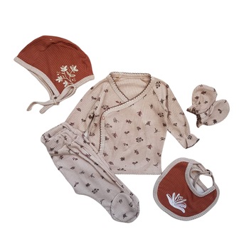 Compleu nou-nascut fetite 5 piese, bumbac, Capuccino, 62 CM Compleu nou-nascut fetite 5 piese, bumbac, Capuccino, 62 CM