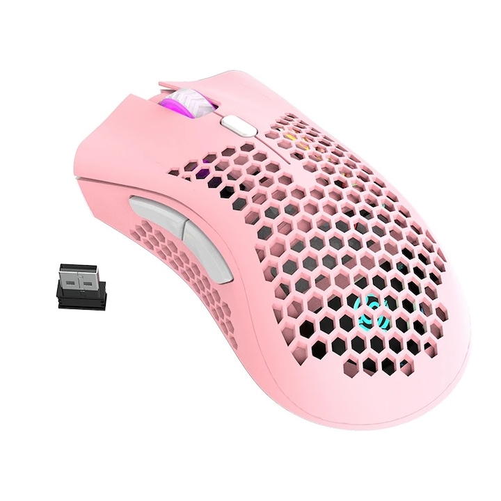 Mouse gaming Royal Kludge RM310, 1600 dpi, 7 butoane, wireless, reincarcabil, ultrausor 95g, iluminare RGB, roz, RM310