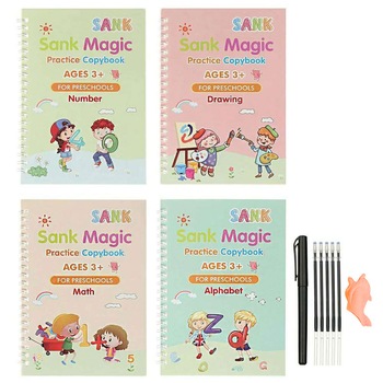Set cu 4 caiete de lucru si stilou magic pentru scris si desenat Sank Magic, rechizite scolare, multicolor, 19 cm X 13 cm, trainer Portocaliu Set cu 4 caiete de lucru si stilou magic pentru scris si desenat Sank Magic, rechizite scolare, multicolor, 19 cm X 13 cm, trainer Portocaliu