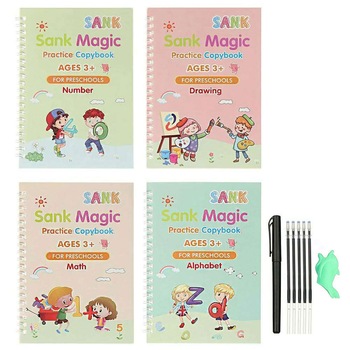 Set cu 4 caiete de lucru si stilou magic pentru scris si desenat Sank Magic, rechizite scolare, multicolor, 19 cm X 13 cm, trainer Verde Set cu 4 caiete de lucru si stilou magic pentru scris si desenat Sank Magic, rechizite scolare, multicolor, 19 cm X 13 cm, trainer Verde