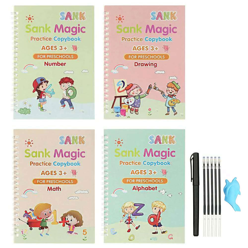 Set cu 4 caiete de lucru si stilou magic pentru scris si desenat Sank Magic, rechizite scolare, multicolor, 19 cm X 13 cm, trainer Albastru