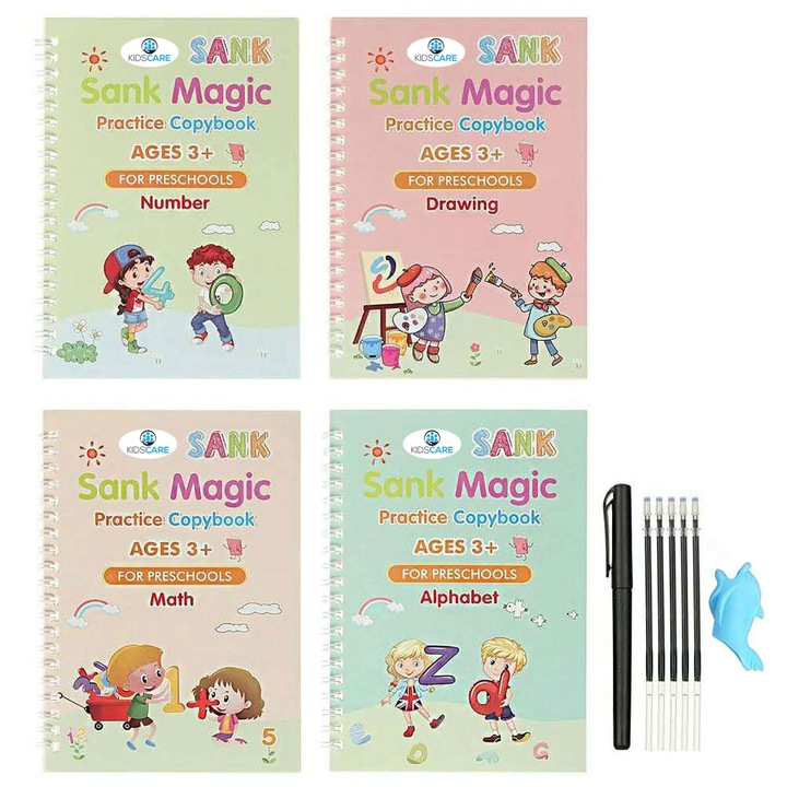 Set cu 4 caiete de lucru si stilou magic pentru scris si desenat Sank Magic, rechizite scolare, multicolor, 19 cm X 13 cm, trainer Albastru KidsCare