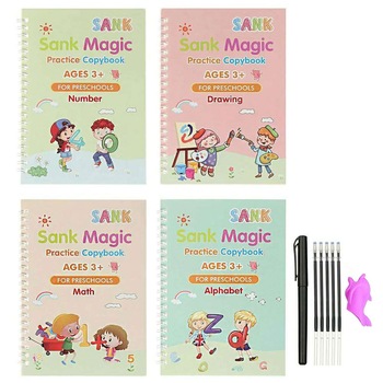 Set cu 4 caiete de lucru si stilou magic pentru scris si desenat Sank Magic, rechizite scolare, multicolor, 19 cm X 13 cm, trainer Mov Set cu 4 caiete de lucru si stilou magic pentru scris si desenat Sank Magic, rechizite scolare, multicolor, 19 cm X 13 cm, trainer Mov