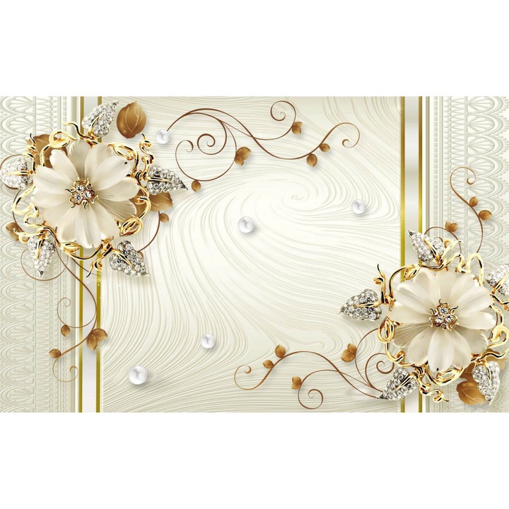 Fototapet, Flori albe cu linii aurii pe un fundal bej, 450 cm x 250 cm