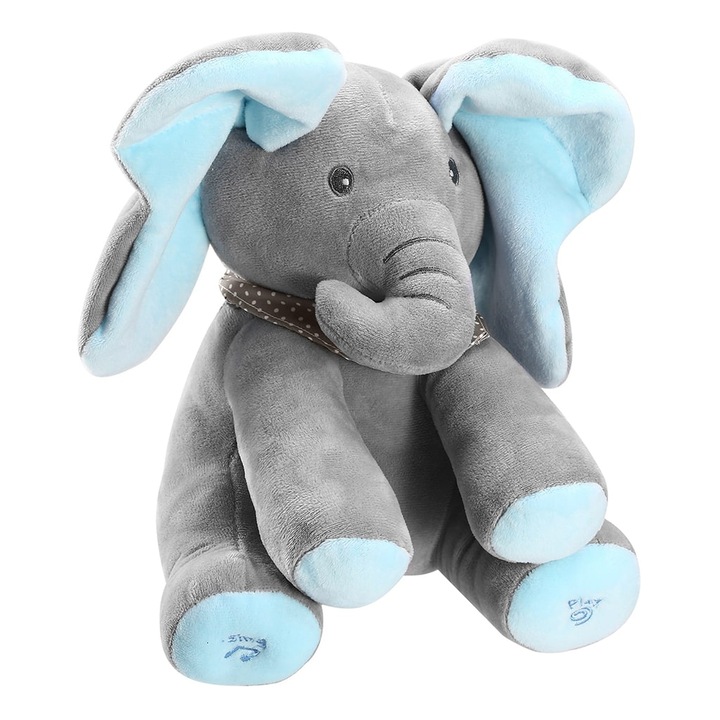 Jucarie interactiva elefant, peek a boo, canta si vorbeste, limba engleza, albastru