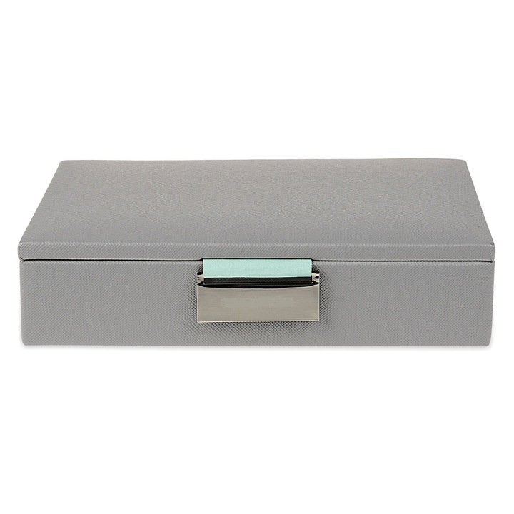 Cutie de bijuterii DacEnergy©, din imitatie de piele, cromatica placuta, multe spatii pentru depozitare, gri si verde, L12,5 x l18 x H4,5 cm