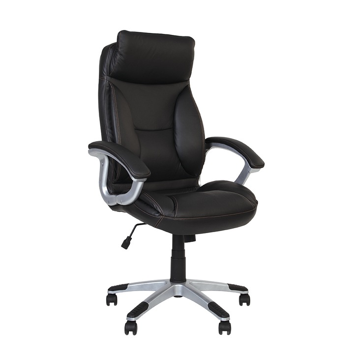 Scaun de birou KAVIS, cadru si brate din plastic, piele naturala Lux, negru