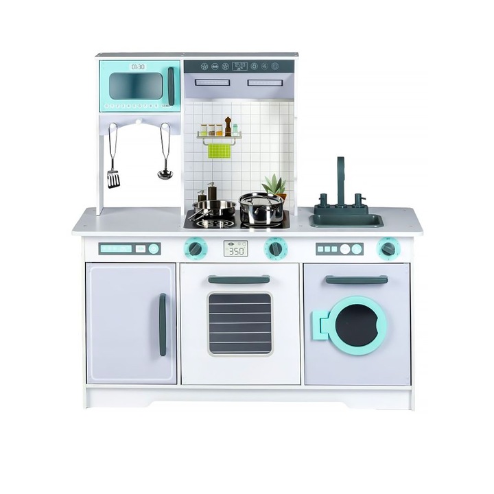 Bucatarie din Lemn, cu Accesorii de Gatit si Masina de Spalat, pentru Copii, Bigshot BS7258W, Cuptor, 96.5 x 96 x 37 cm, Multicolora