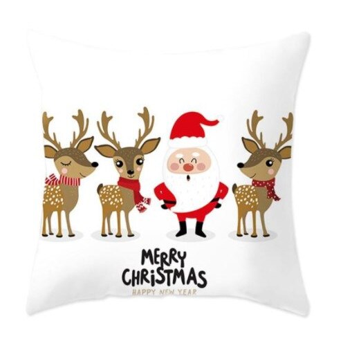 Fata de perna decorativa Happy New Year Mos Craciun cu renii 45 x 45 cm