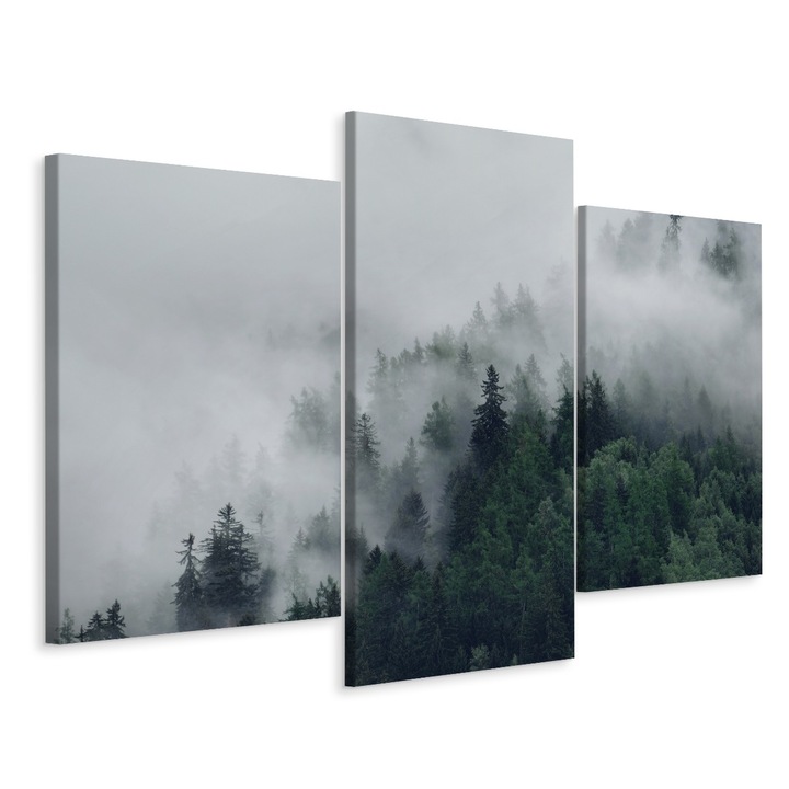Set Tablou 3 piese pentru Perete Triptic COPACI IN CEATA 180cm x 120cm Creative decor, Peisaj, Efect 3D, Panza pe cadru de lemn, Decoratiuni Moderne pentru Casa