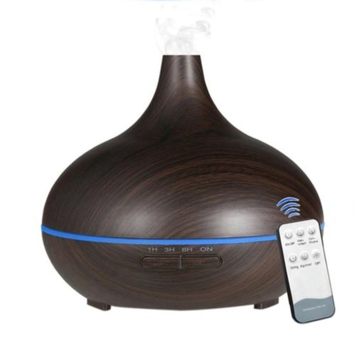 OEM Aromaterápiás diffúzor/párásító, 7 színes LED, Ultrahangos, 500ml, Wenge, távirányítóval