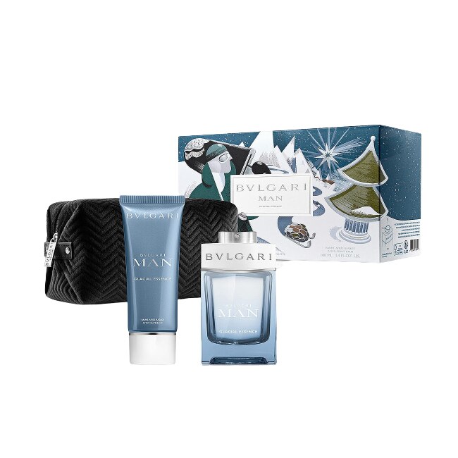 Set de parfumerie pentru barbati, Bvlgari Glacial Essence Apa de parfum 100 ml, aftershave balsam 100 ml, borseta