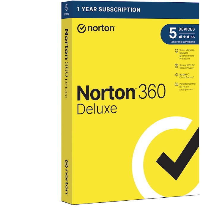 Antivirus Norton 360 Deluxe, Backup 50GB, 1 an, 5 dispozitive