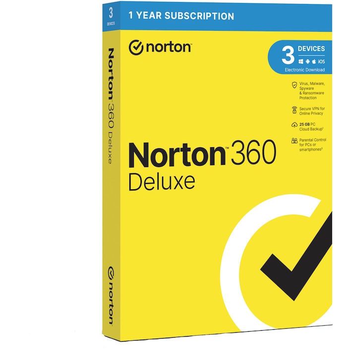 Norton 360 Deluxe Antivírus, Backup 25GB,1 éves licensz, 3 készülékre