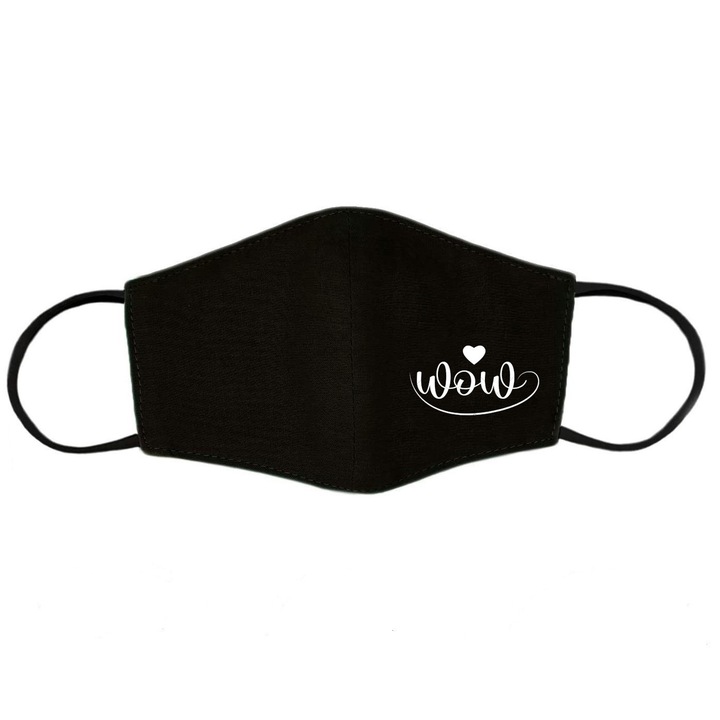 100% pamut védőmaszk, személyre szabott Wow hímzéssel, újrafelhasználható, 2 rétegű, Magic Mirror Fashion®, fekete