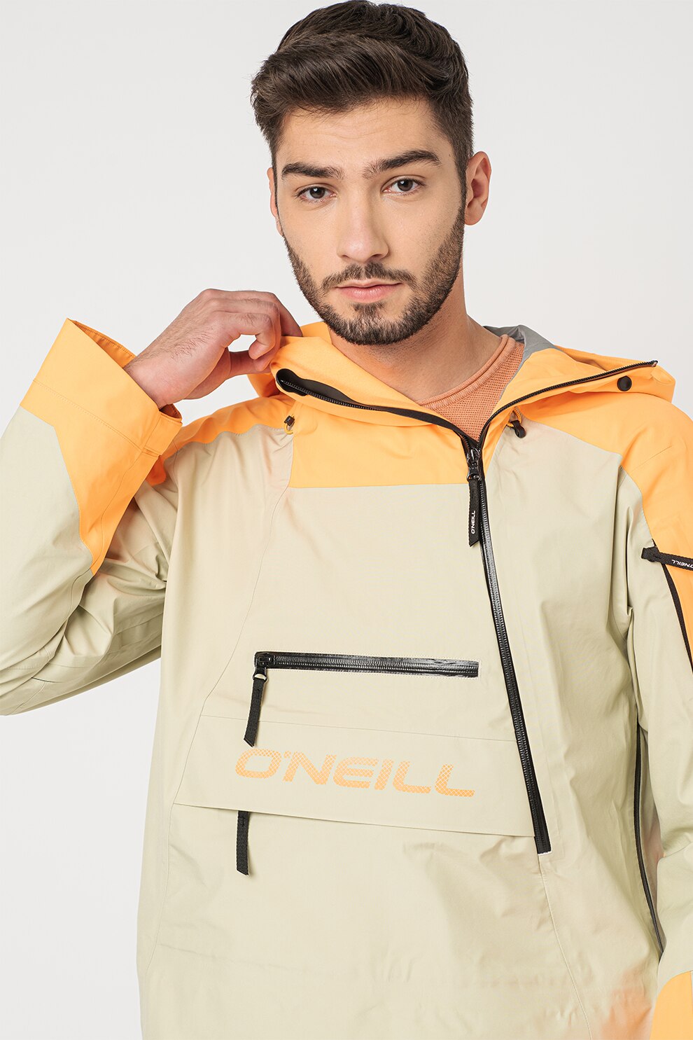 O'Neill, Jacheta cu gluga pentru schi Gtx 3l Psycho, Alb prafuit/Oranj neon