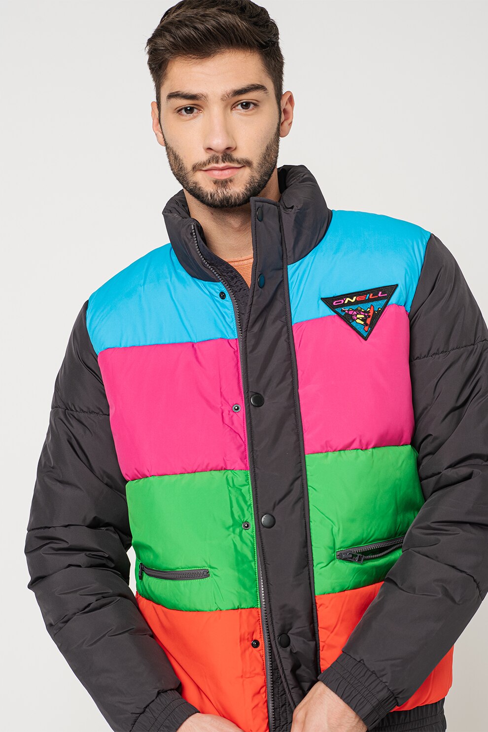 O'Neill, Geaca colorblock cu vatelina Re-Issue, Gri inchis/Roz/Verde