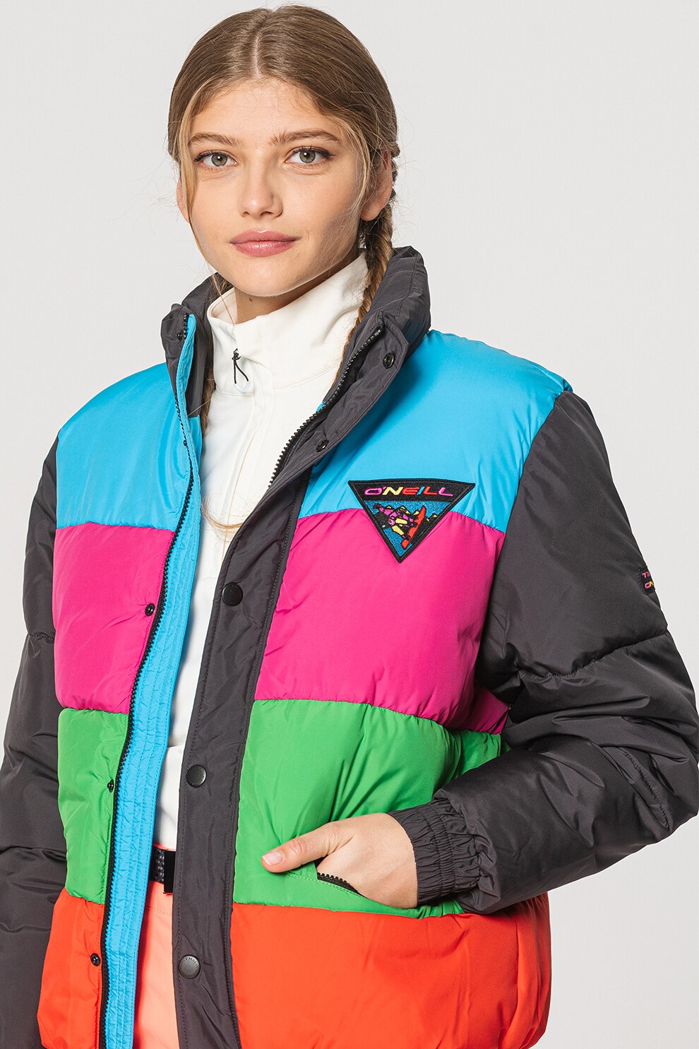 O'Neill, Geaca colorblock cu vatelina Re-Issue, Gri inchis/Roz/Verde