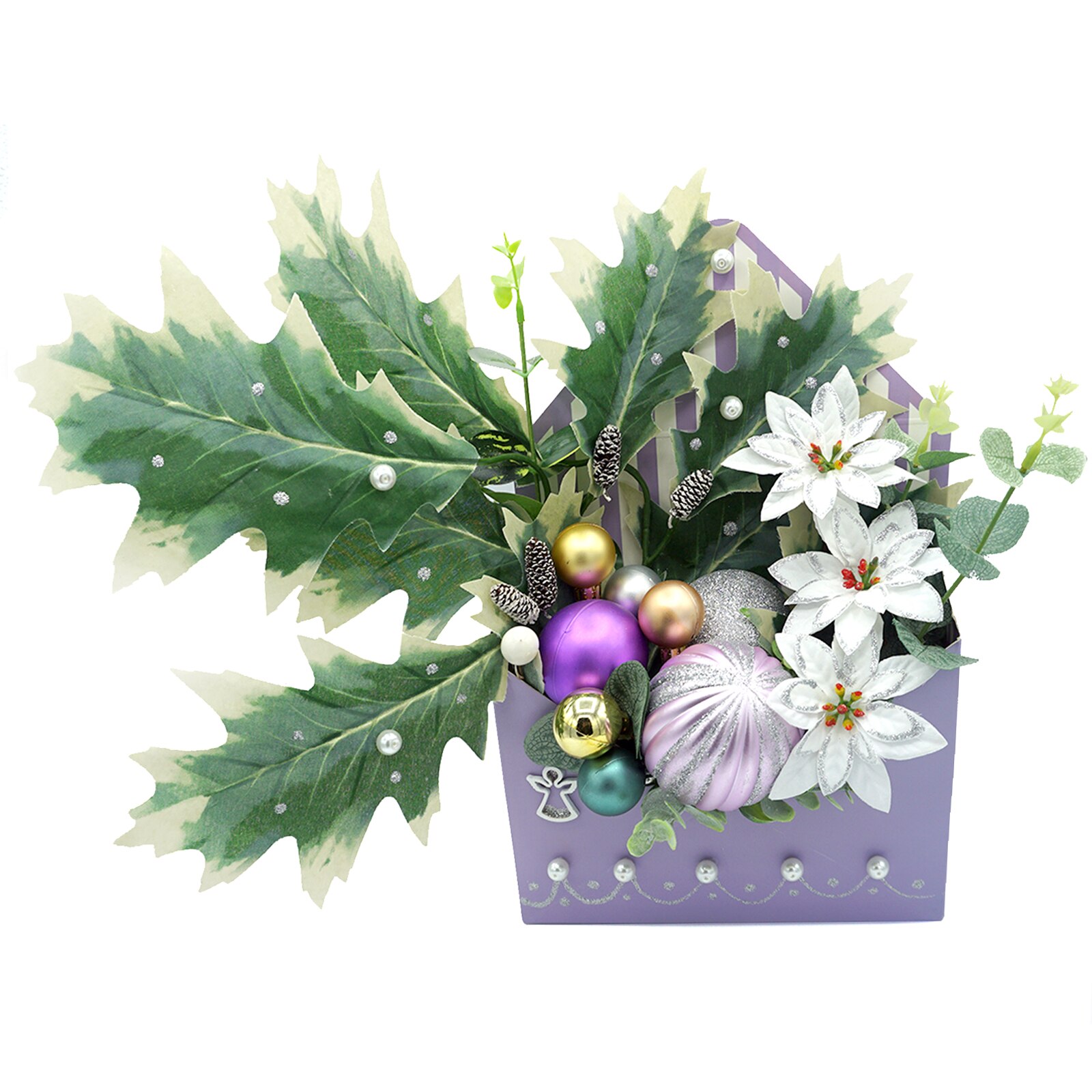 Aranjament de craciun cu flori textile si globuri, tip plic, Regalo - Colindam iarna, 30 cm