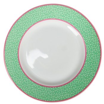 Farfurii desert, Cesiro, diametrul 20 cm, Alb Pur decorat cu banda Verde cu roz si puncte albe Farfurii desert, Cesiro, diametrul 20 cm, Alb Pur decorat cu banda Verde cu roz si puncte albe