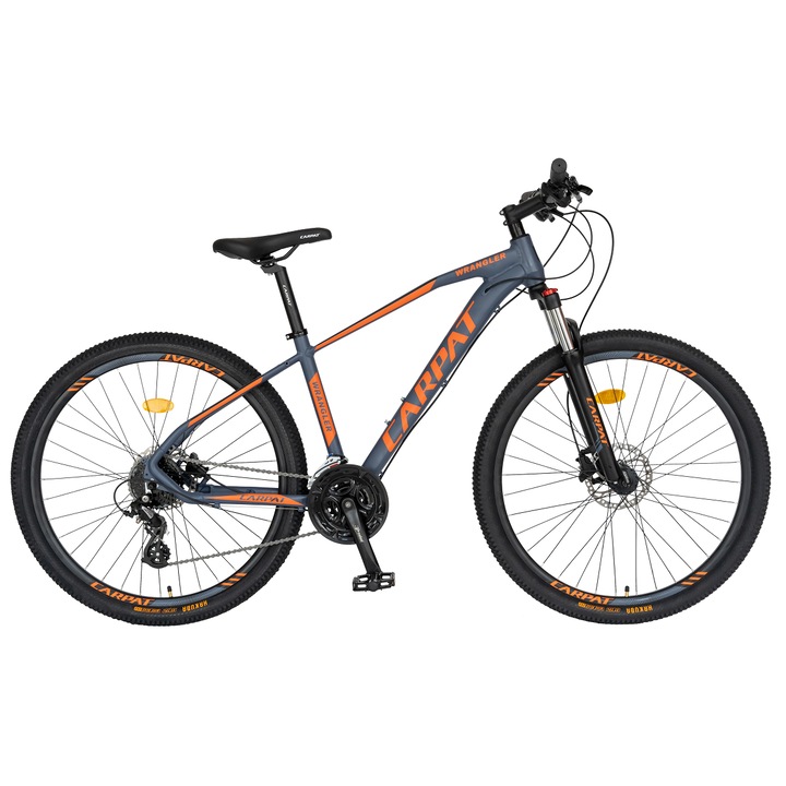 Bicicleta MTB cu Roti de 27.5", echipare SHIMANO Altus, frane HIDRAULICE DISC-fata/spate, furca reglabila/blocabila, 24 Viteze, gri/portocaliu, Marime L,Mountain Bike Carpat Wrangler cu cadru din Aluminiu