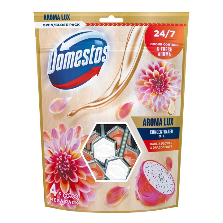Odorizant toaleta Aroma Lux, Domestos, Dahlia Flower & Dragon Fruit, 4 x 55 g