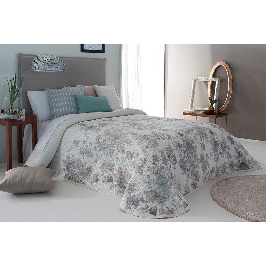 Set Cuvertura Sivan si 2 fete de perna, Reig Marti, flori turqoise, 235 cm x 270 cm