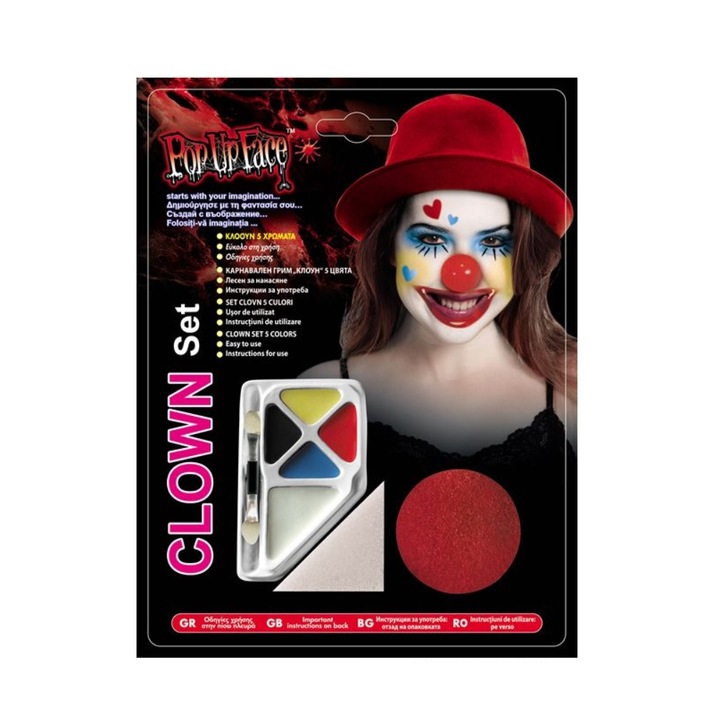 Set Machiaj clovn cu nas rosu, pentru petrecerea de Halloween, 5 culori