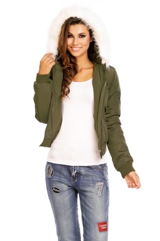 Geaca dama bomber cu gluga imblanita, Kaki/Alb Geaca dama bomber cu gluga imblanita, Kaki/Alb