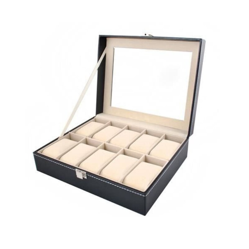 Cutie caseta pentru ceasuri si bijuterii cu fereastra transparenta, 10 compartimente, negru