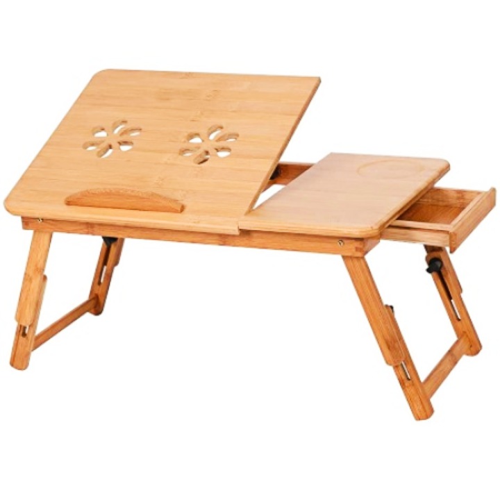 Дървена маса за лаптоп, Teox, мултифункционална, сгъваема, регулируема