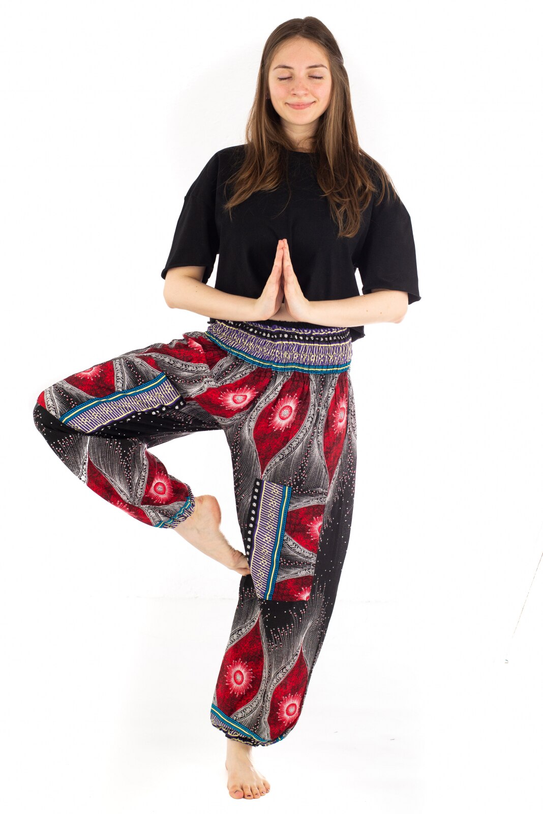 Pantaloni Ucca cu banda elastica si motive tip paun, negru, marime universala