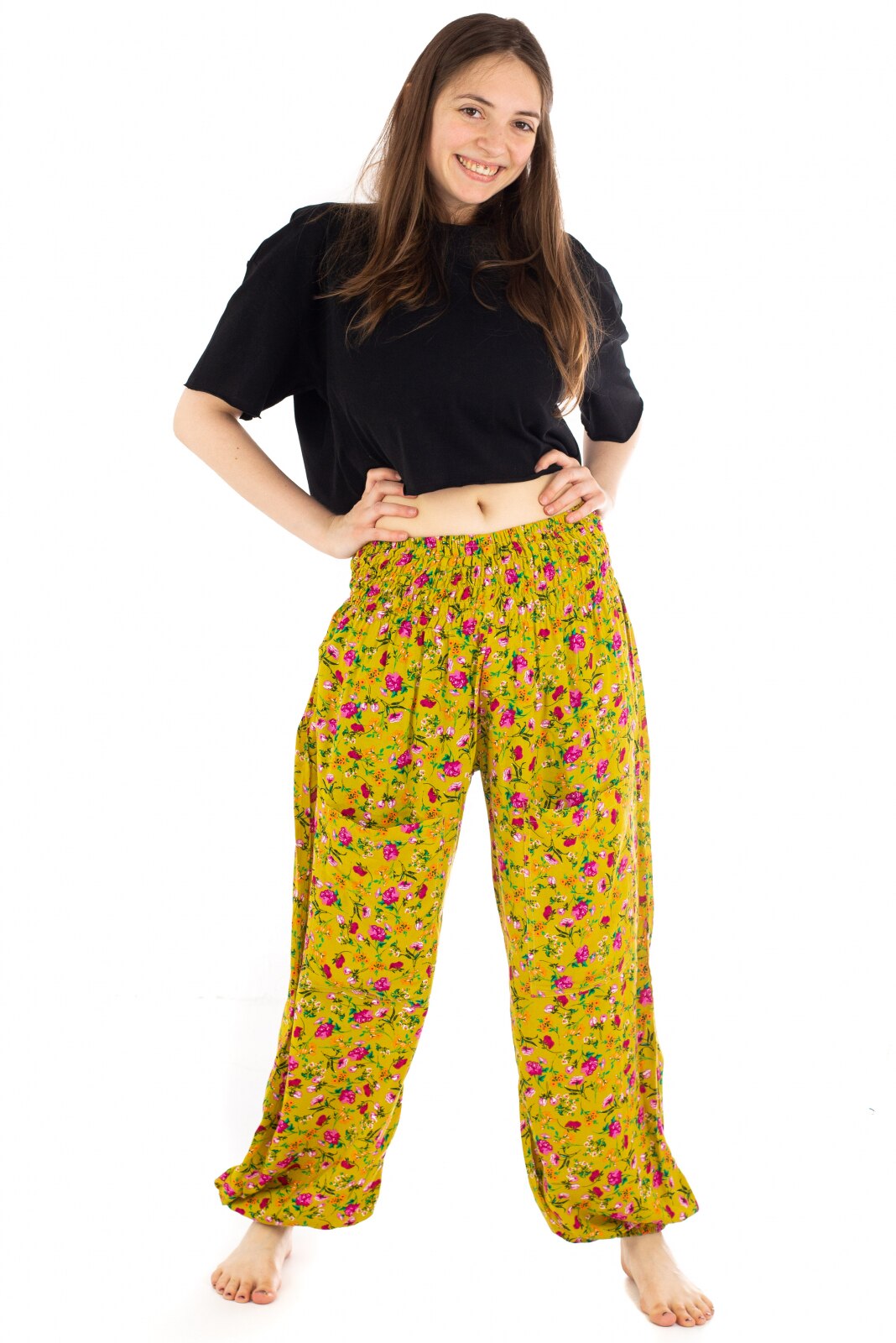 Pantaloni Ucca din rayon cu elemente florale, Galbeni, Marime universala