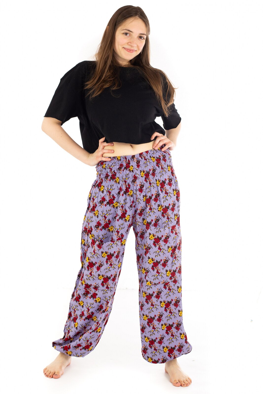 Pantaloni Ucca cu banda elastica, Mov cu elemente florale, Marime universala