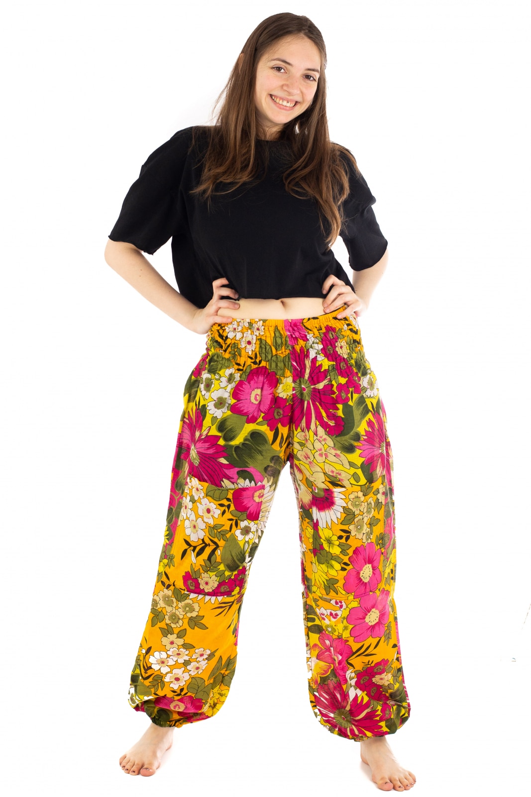 Pantaloni Ucca cu banda elastica si motive florale, Portocaliu, Marime universala