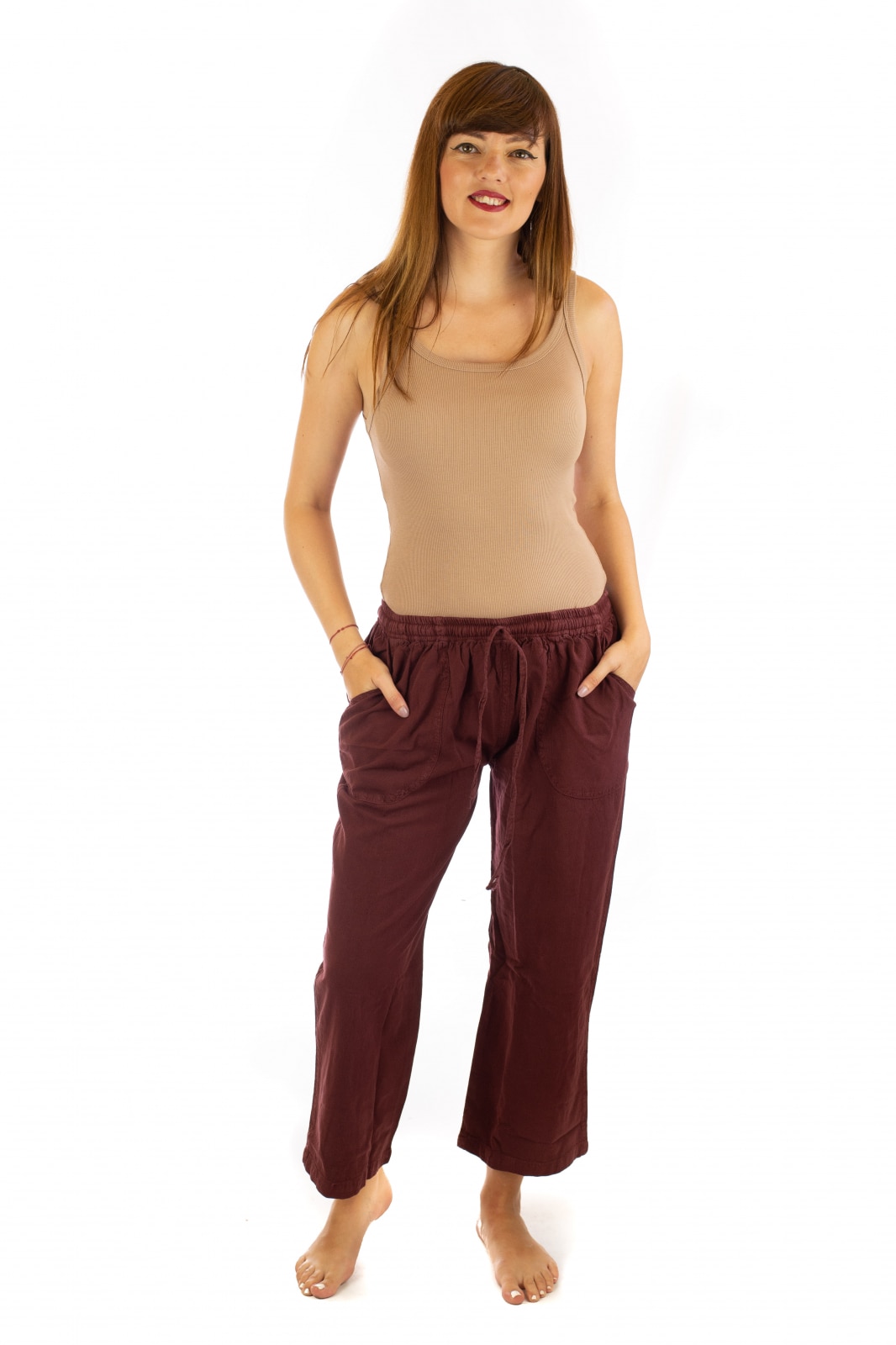 Pantaloni lejeri Ucca din bumbac, Visiniu, Marime universala