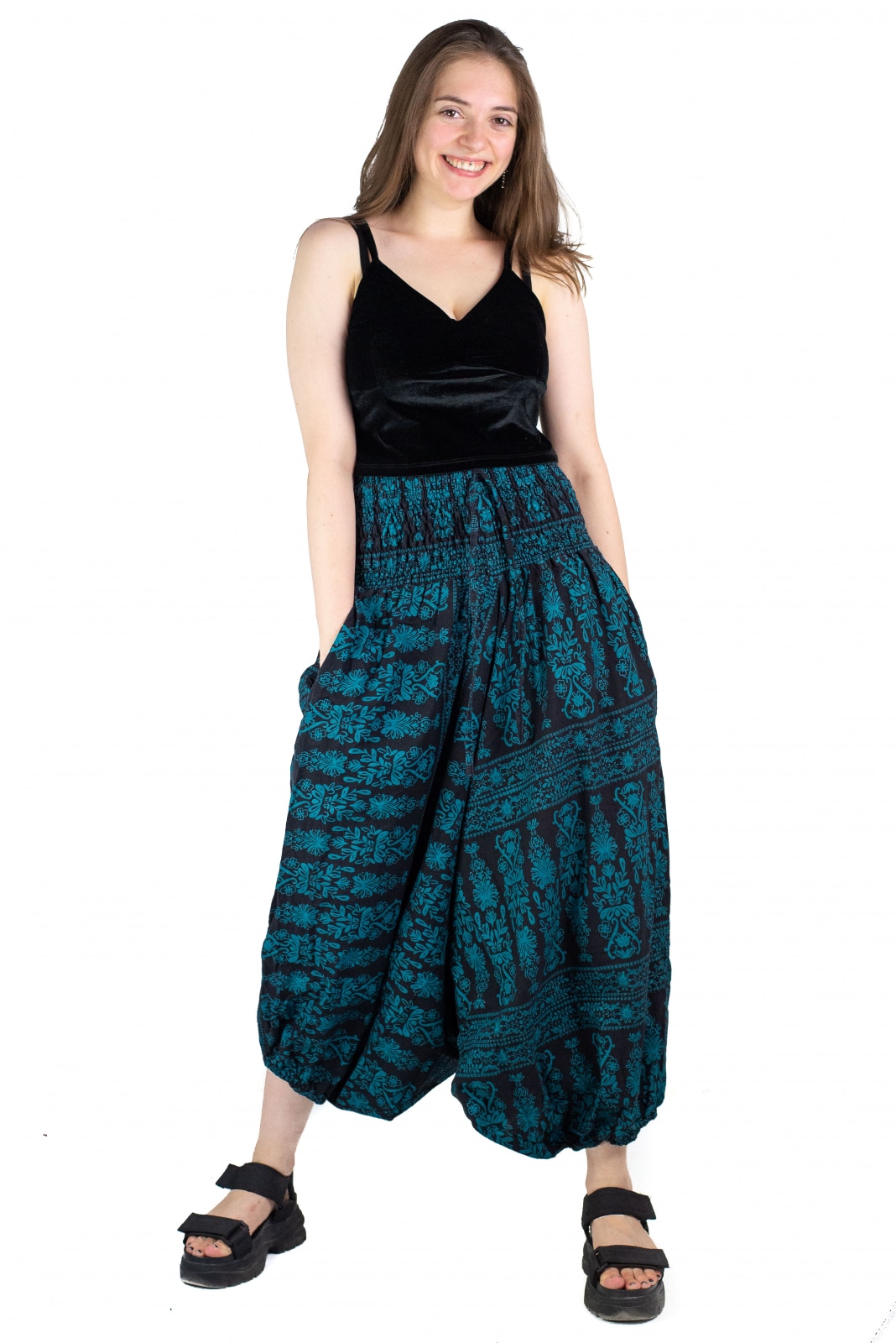 Salvari Ucca albastri cu banda lata si print abstract, Model 22, Marime universala