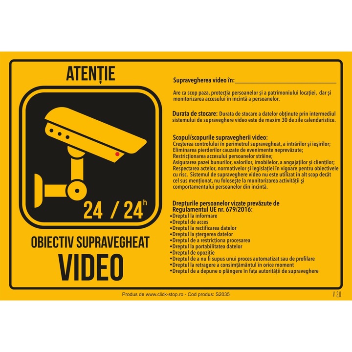 Indicator informare "Atentie zona supravegheata video GDPR" S2035, PVC (Komatex) 3 mm, 140x200mm