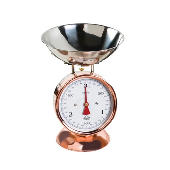 Cantar mecanic de bucatarie DCG, PWC1027, capacitate 3 kg, trepte de 20 grame, material cupru, design retro, inox/cupru Cantar mecanic de bucatarie DCG, PWC1027, capacitate 3 kg, trepte de 20 grame, material cupru, design retro, inox/cupru