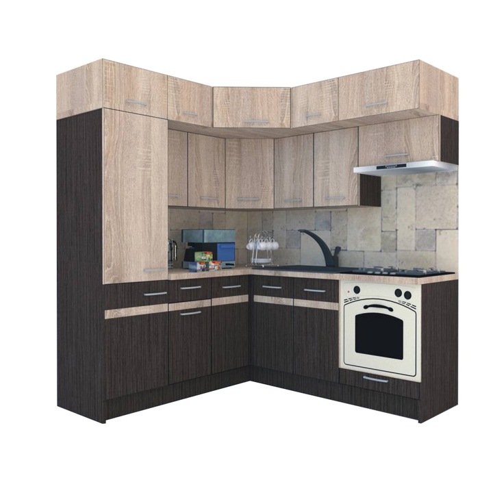 Set Bucatarie de Colt Genarom BIG GENA NEW DR. 190-200 x 225,5 x 60 cm, Cu Corp de Cuptor, Wenge / Stejar Sonoma