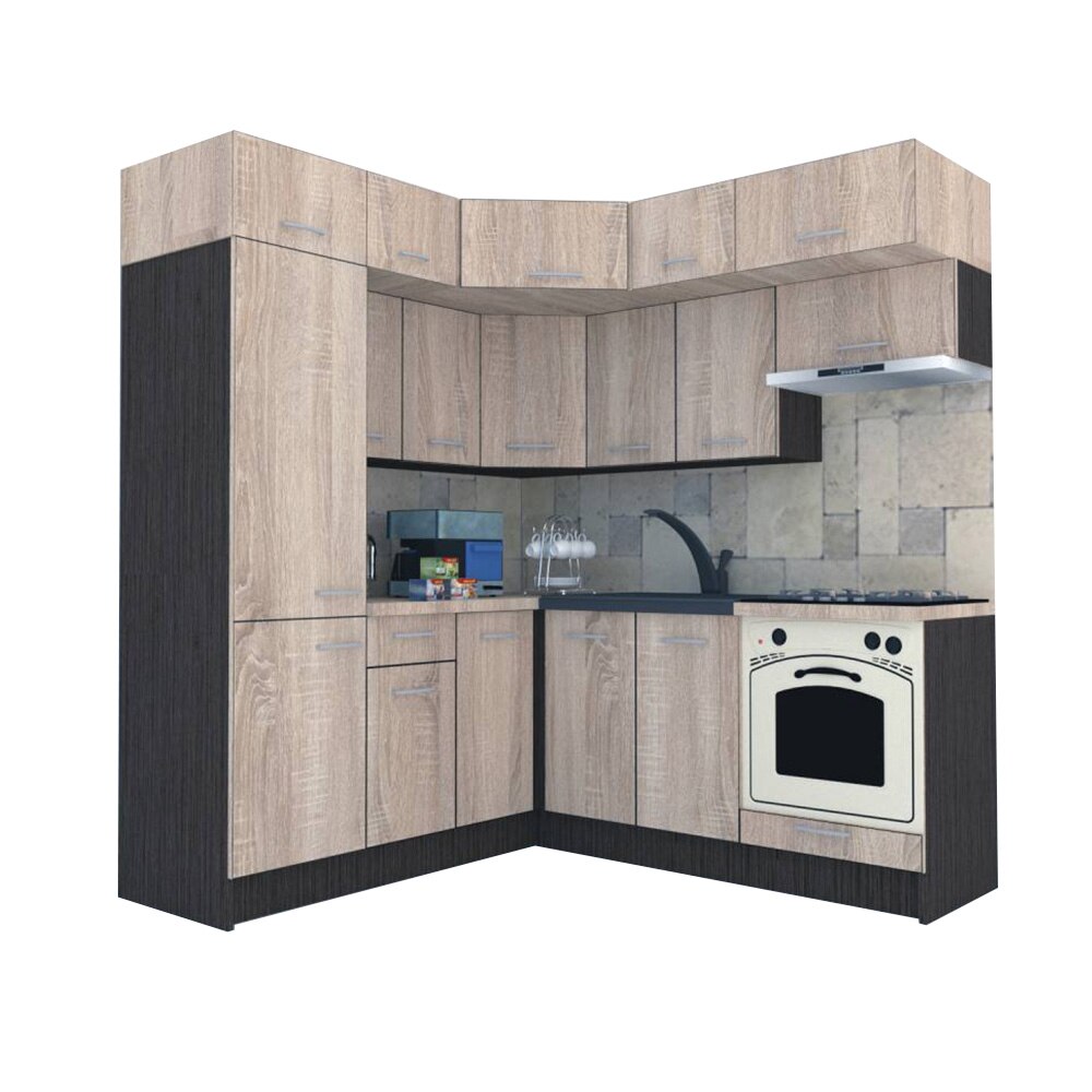 Set Bucatarie de Colt Genarom BIG GENA NEW DR. 190-200 x 225,5 x 60 cm, Cu Corp de Cuptor, Wenge / Decor 3025